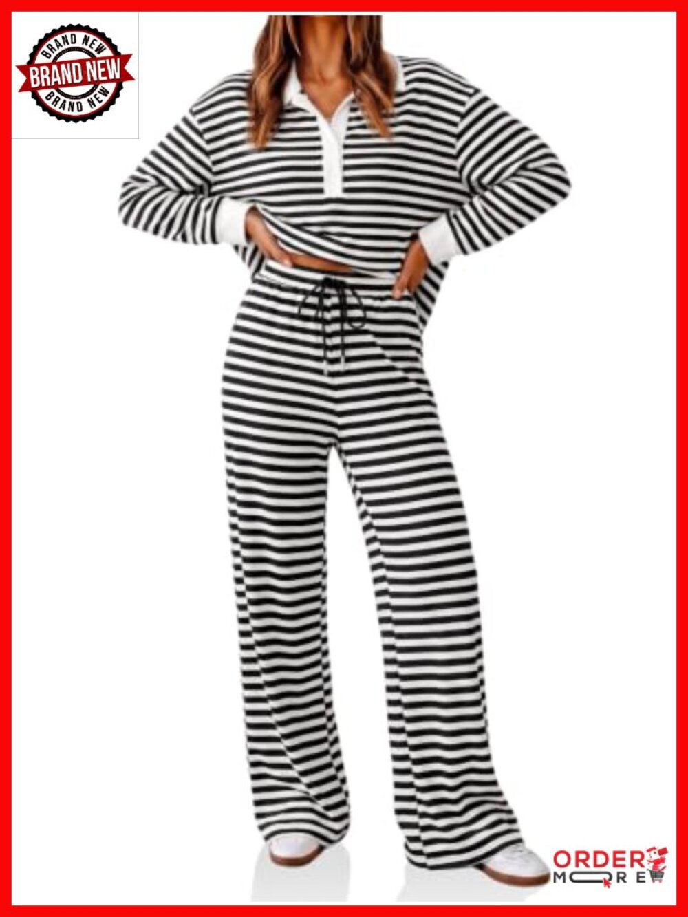 2 Piece Striped Polo Shirt & Wide Leg Pants Set Lounge Outfit